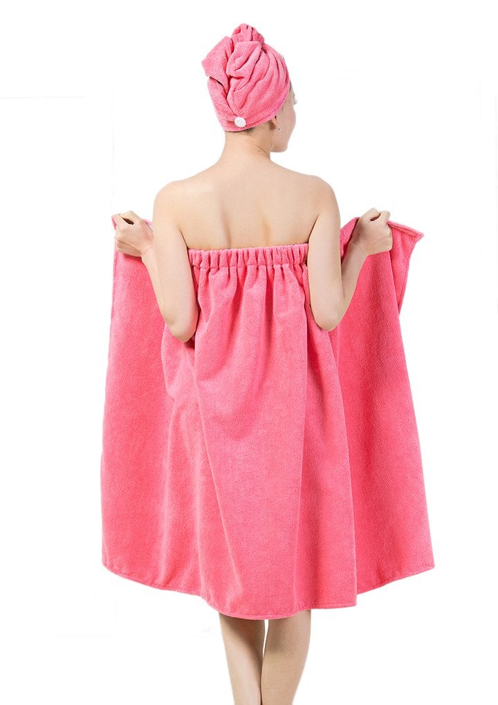 Fakeface Ladies Absorbent Microfiber Spa Bath Towels Body Wrap Cover Up Set Cozy Fleece Bathrobe Bath Towel Tube Dress Nightgown Sleepwear Shower Hair Drying Turban Cap Hat Bathroom Accessories for Women Girls - Image 2